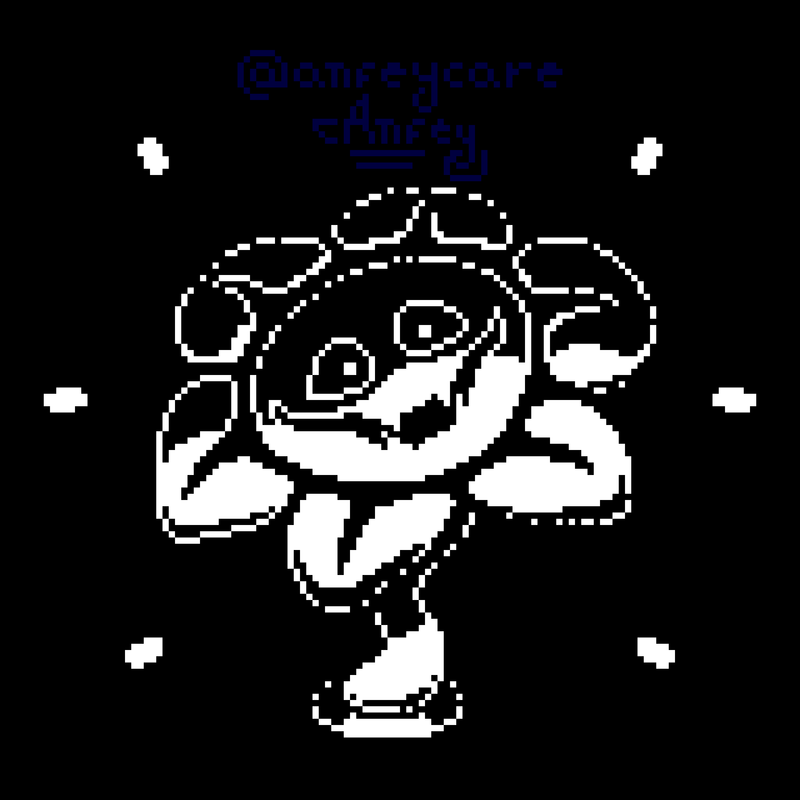 Black and white pixel art of Flowey staring at you menacingly